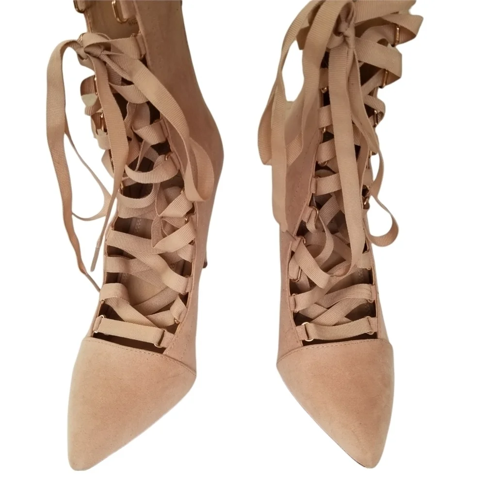 Liliana Blush Faux Suede Pointed Toe Stiletto Lace Up High Heel Ankle Boots Shoe